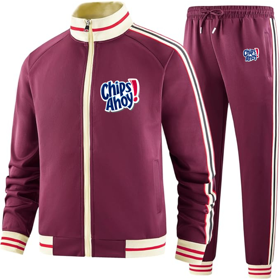 Men's Chips Ahoy Two Piece Designer Tracksuit with Bold Striped Accents and Zippered Front Elevated Athletic