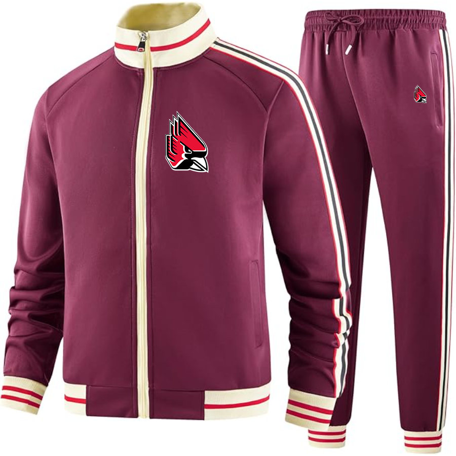 Men's  Ball State Cardinals Two Piece Designer Tracksuit with Bold Striped Accents and Zippered Front Elevated Athletic