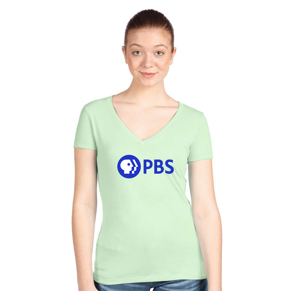 Women's PBS Blue  Next Level V-Neck T-Shirt