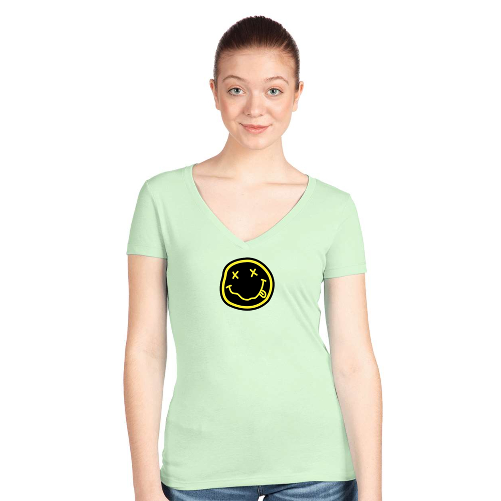 Women's Nirvana Yellow and Black Face Next Level V-Neck T-Shirt