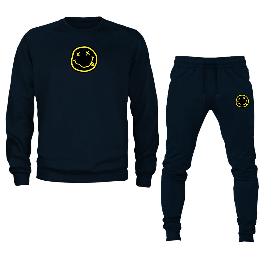 Men's Nirvana Yellow and Black Face Crewneck Sweatshirt Joggers Suit