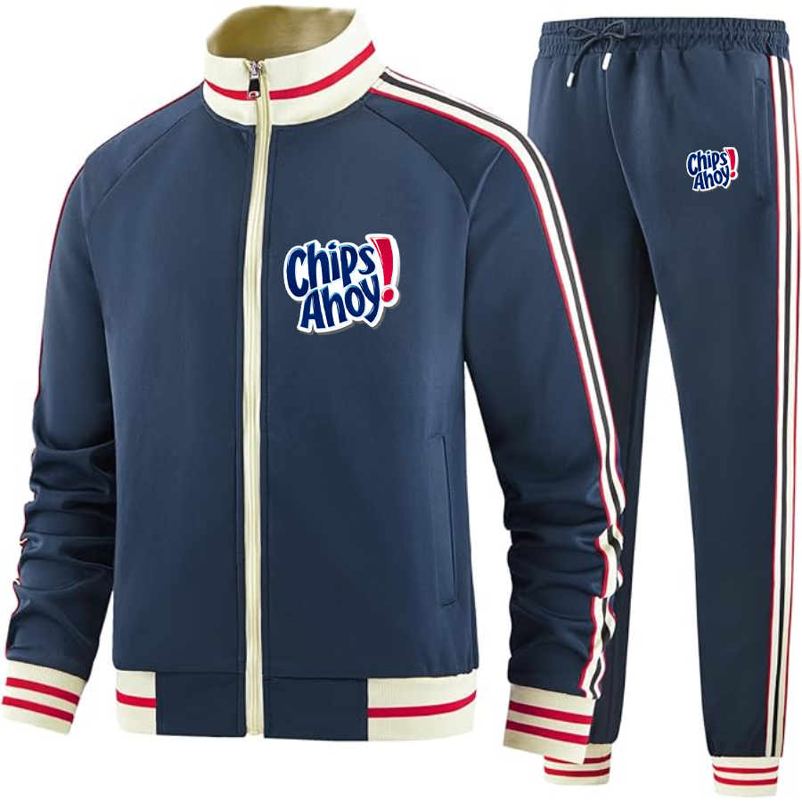 Men's Chips Ahoy Two Piece Designer Tracksuit with Bold Striped Accents and Zippered Front Elevated Athletic