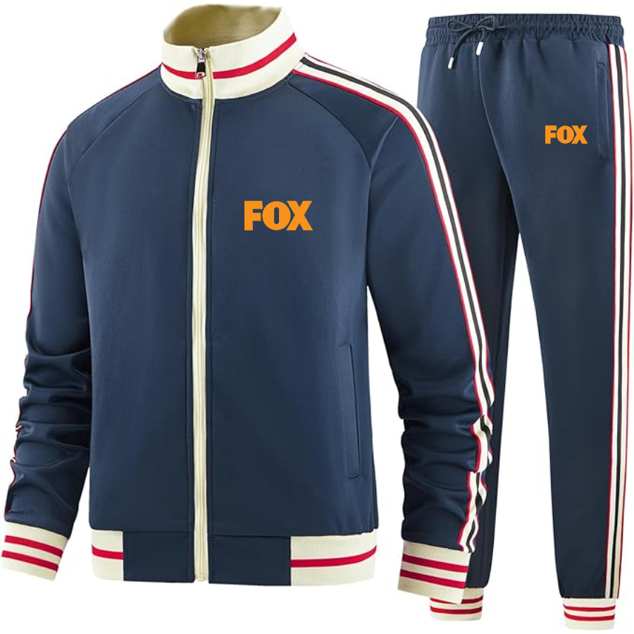 Men's Fox  Two Piece Designer Tracksuit with Bold Striped Accents and Zippered Front Elevated Athletic