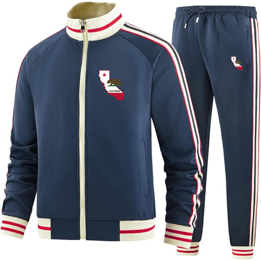 Men's California Bear Map  Two Piece Designer Tracksuit with Bold Striped Accents and Zippered Front Elevated Athletic