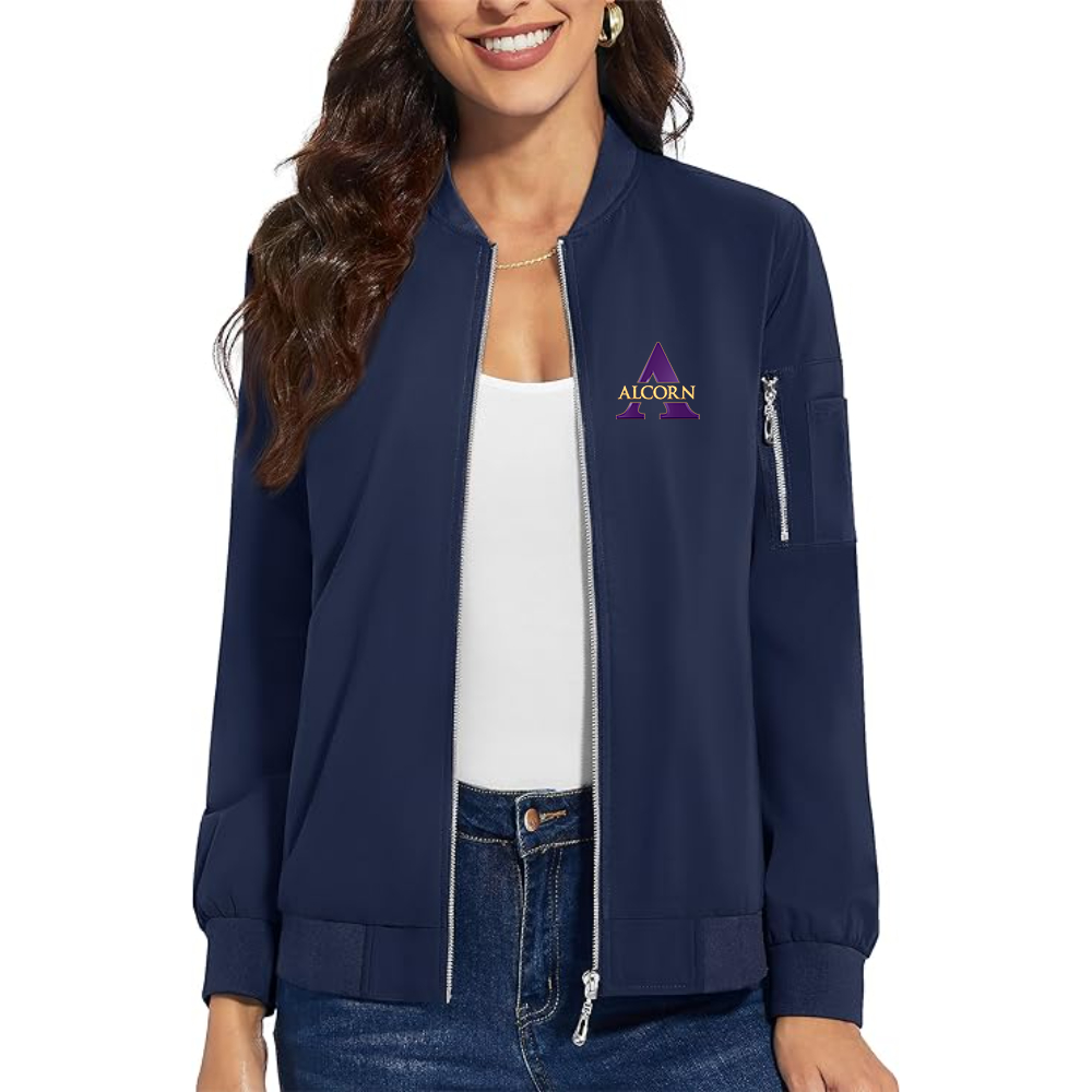 Women's Alcorn State Braves  Premium Bomber Jacket with Polished Detailing and Functional Sleeve Pocket Modern Luxury Outerwear