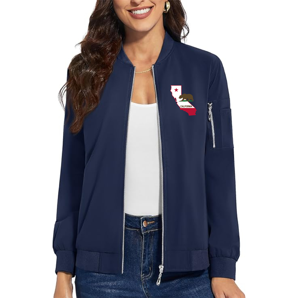 Women's California Bear Map Premium Bomber Jacket with Polished Detailing and Functional Sleeve Pocket Modern Luxury Outerwear