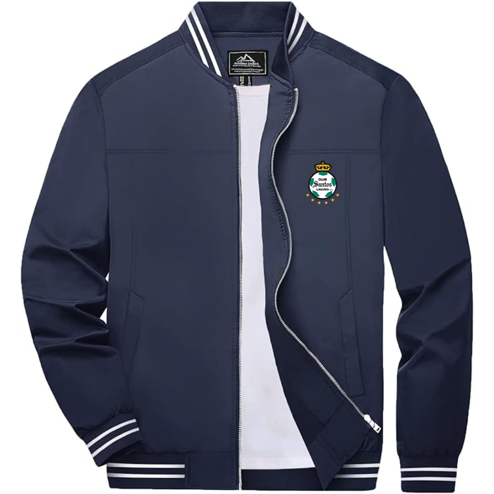 Men's Santos Laguna Soccer Lightweight Zip-Up Bomber Jacket with Ribbed Collar and Cuffs Versatile Casual Outerwear