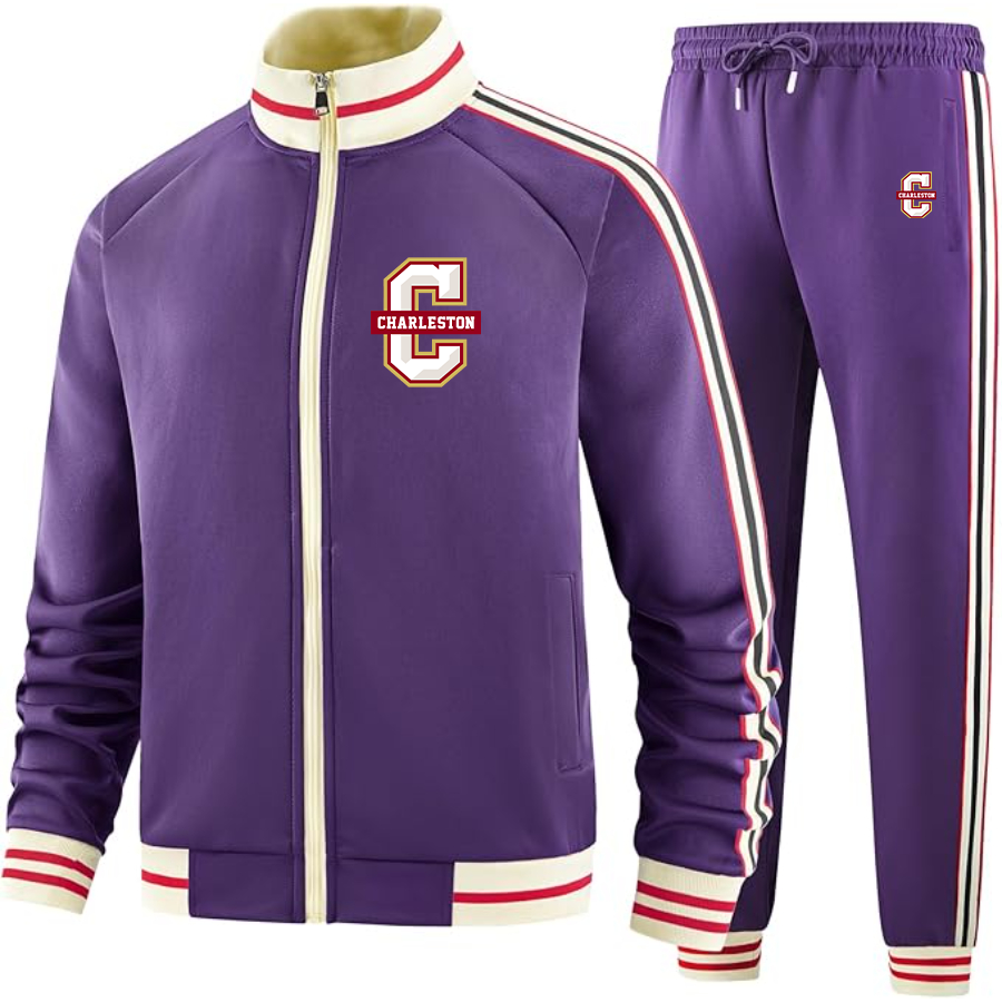 Men's Charleston Cougars Two Piece Designer Tracksuit with Bold Striped Accents and Zippered Front Elevated Athletic