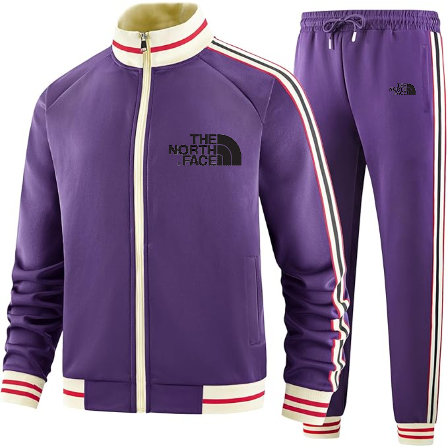 Men's  The North Face Black Two Piece Designer Tracksuit with Bold Striped Accents and Zippered Front Elevated Athletic Wear
