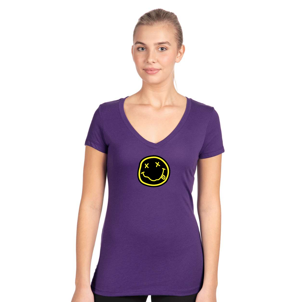 Women's Nirvana Yellow and Black Face Next Level V-Neck T-Shirt