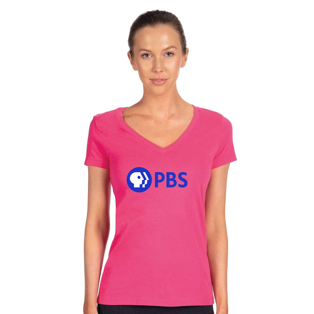 Women's PBS Blue  Next Level V-Neck T-Shirt