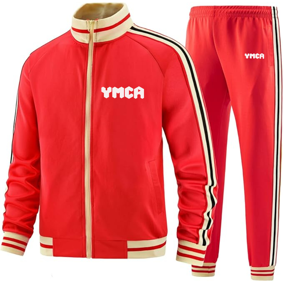 Men's YMCA Mauve  Two Piece Designer Tracksuit with Bold Striped Accents and Zippered Front Elevated Athletic