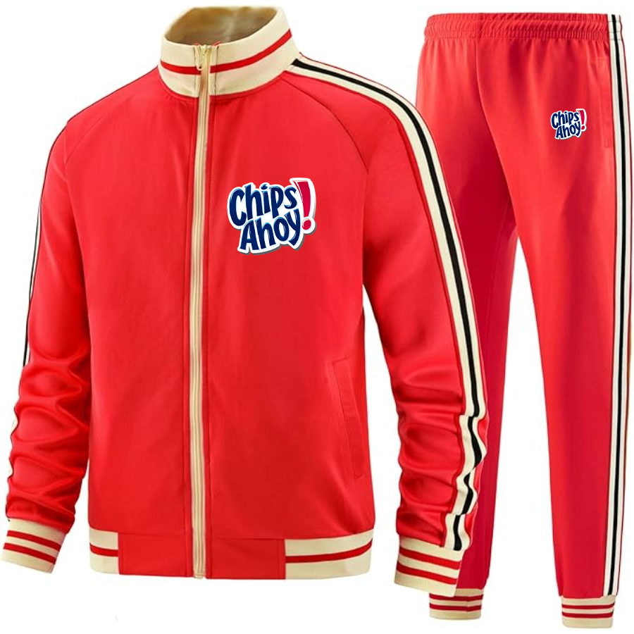 Men's Chips Ahoy Two Piece Designer Tracksuit with Bold Striped Accents and Zippered Front Elevated Athletic