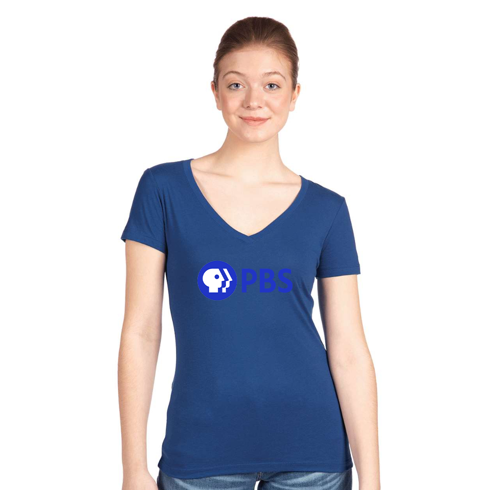 Women's PBS Blue  Next Level V-Neck T-Shirt