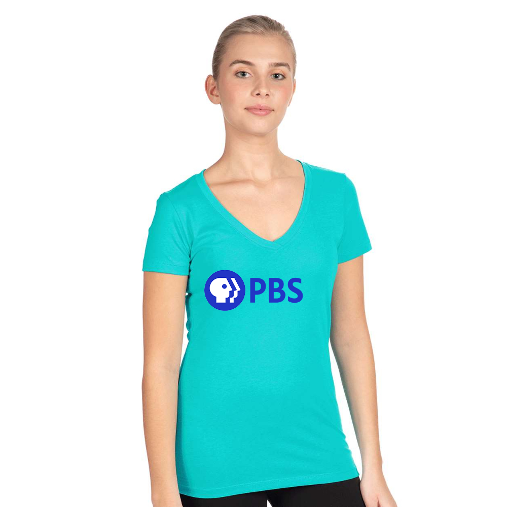 Women's PBS Blue  Next Level V-Neck T-Shirt