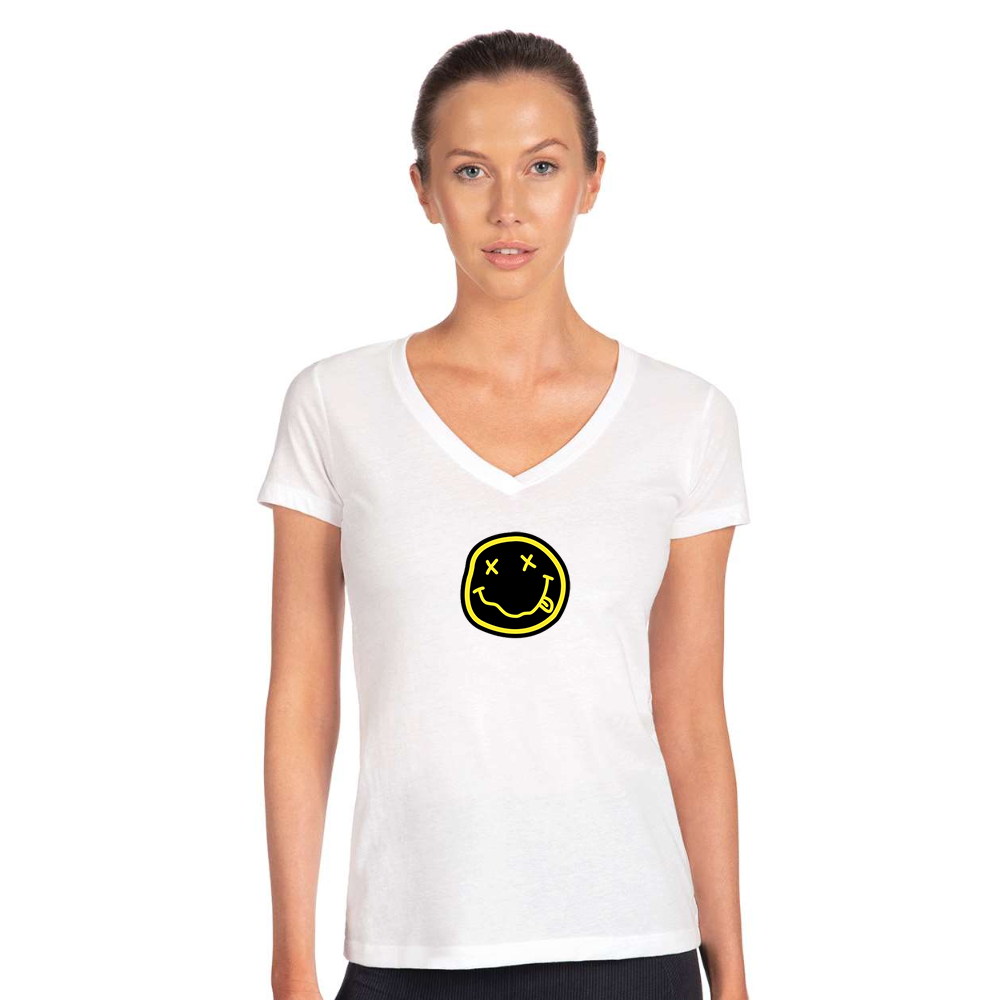Women's Nirvana Yellow and Black Face Next Level V-Neck T-Shirt