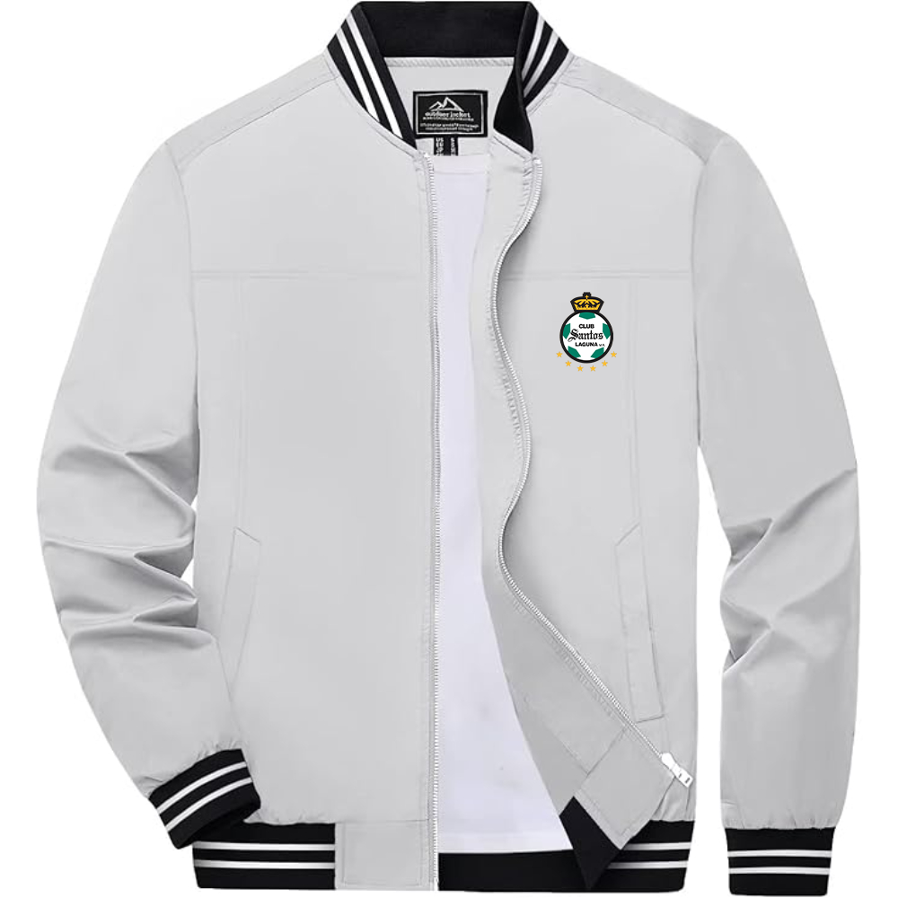 Men's Santos Laguna Soccer Lightweight Zip-Up Bomber Jacket with Ribbed Collar and Cuffs Versatile Casual Outerwear