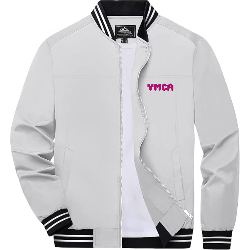 Men's YMCA Mauve Lightweight Zip-Up Bomber Jacket with Ribbed Collar and Cuffs Versatile Casual Outerwear