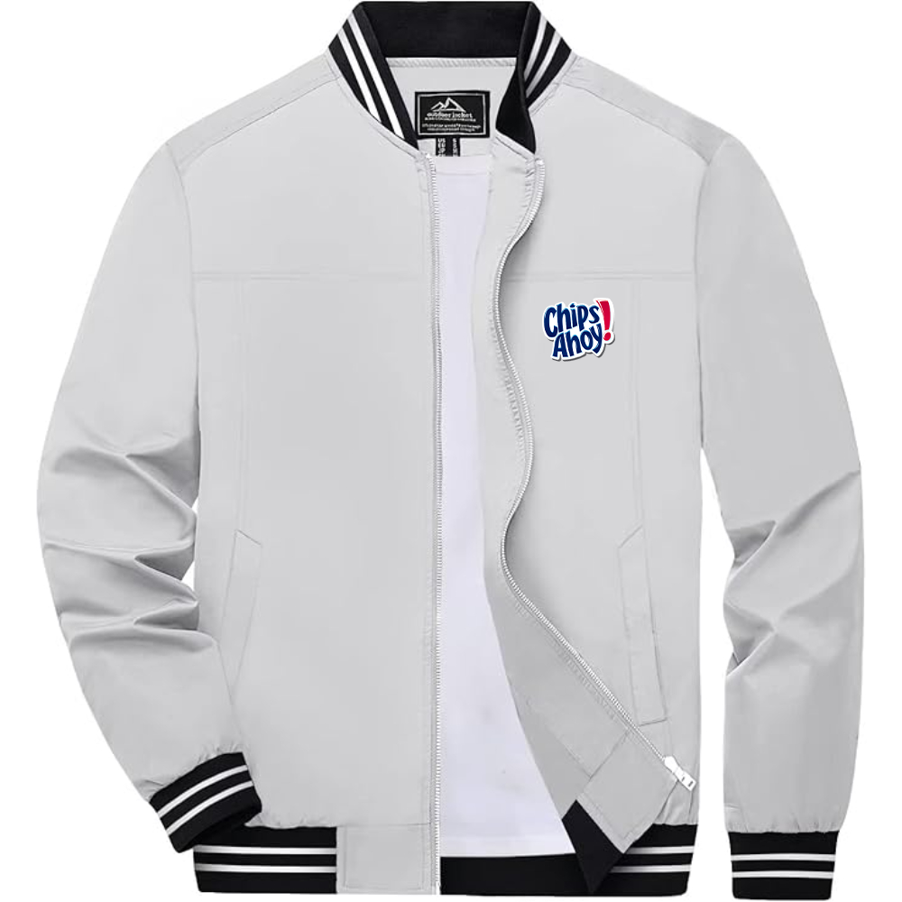 Men's  Chips Ahoy  Lightweight Zip-Up Bomber Jacket with Ribbed Collar and Cuffs Versatile Casual Outerwear