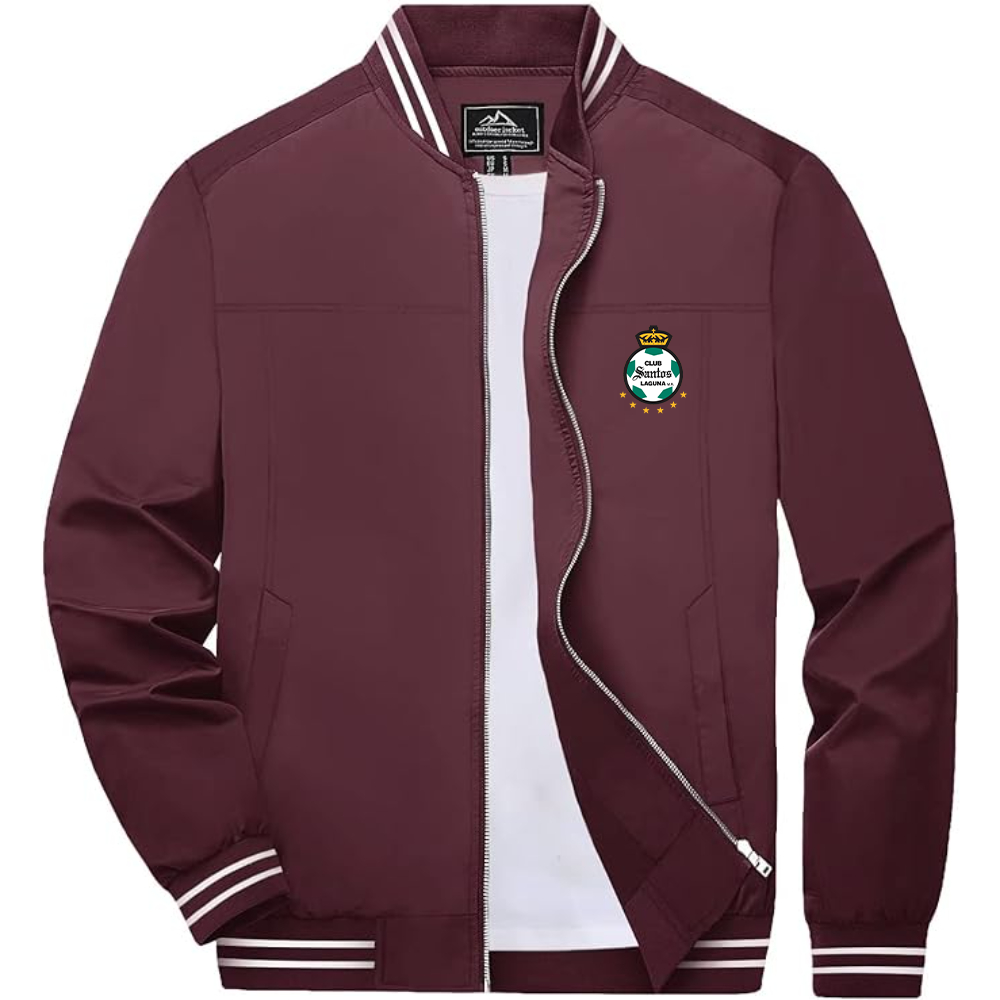 Men's Santos Laguna Soccer Lightweight Zip-Up Bomber Jacket with Ribbed Collar and Cuffs Versatile Casual Outerwear