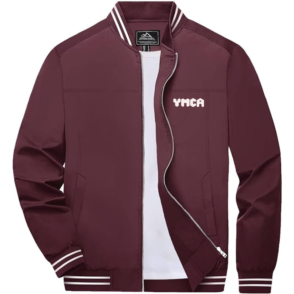Men's YMCA Mauve Lightweight Zip-Up Bomber Jacket with Ribbed Collar and Cuffs Versatile Casual Outerwear