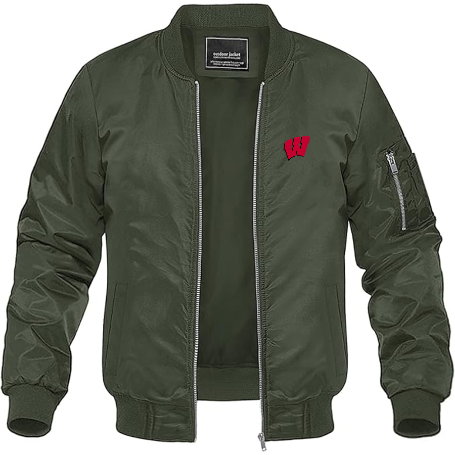 Men's Wisconsin Badgers Logo Lightweight Bomber Jacket Windbreaker Softshell Varsity Jacket Coat