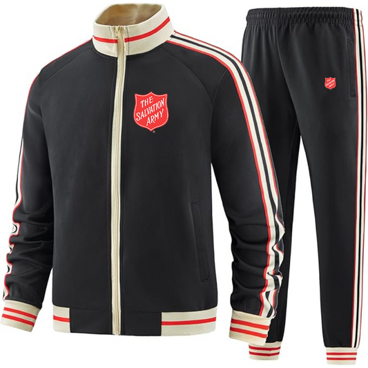Men's  The Salvation Army  Two Piece Designer Tracksuit with Bold Striped Accents and Zippered Front Elevated Athletic