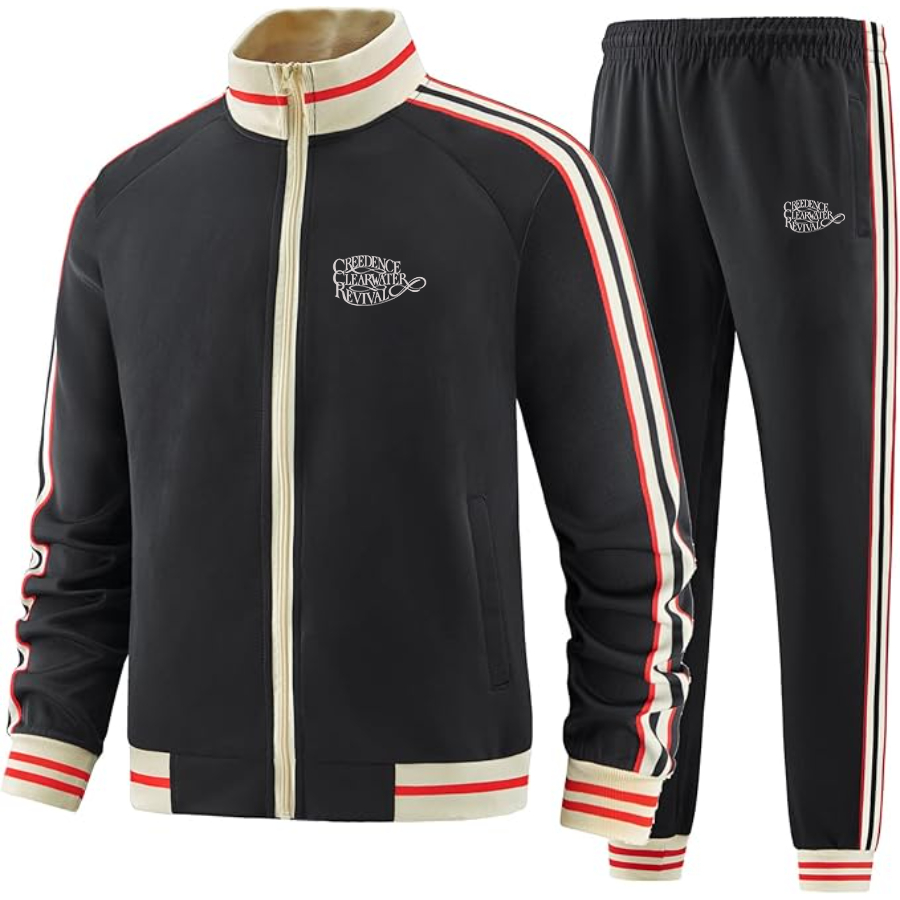 Men's Creedence Clearwater Revival Two Piece Designer Tracksuit with Bold Striped Accents and Zippered Front Elevated Athletic