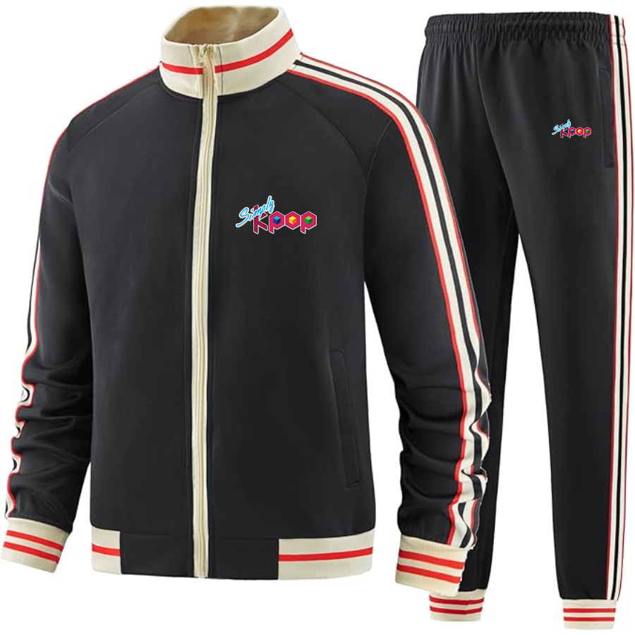 Men's Simply Kpop Two Piece Designer Tracksuit with Bold Striped Accents and Zippered Front Elevated Athletic