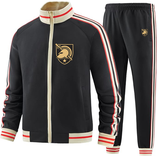 Men's   Army Black Knights  Two Piece Designer Tracksuit with Bold Striped Accents and Zippered Front Elevated Athletic