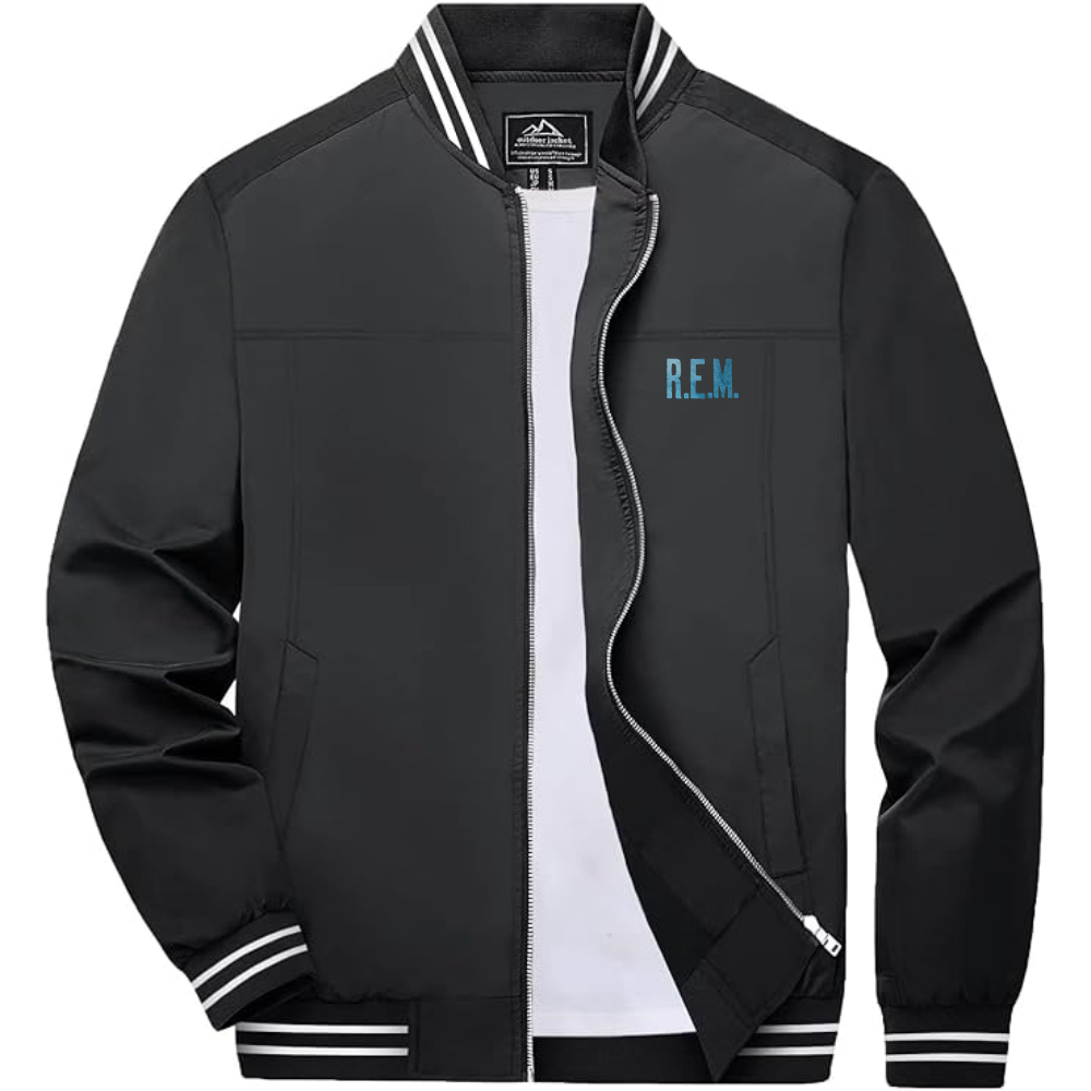 Men's R.E.M. Blue Lightweight Zip-Up Bomber Jacket with Ribbed Collar and Cuffs Versatile Casual Outerwear