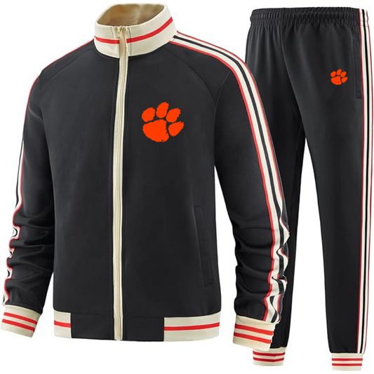 Men's Clemson Tigers Two Piece Designer Tracksuit with Bold Striped Accents and Zippered Front Elevated Athletic