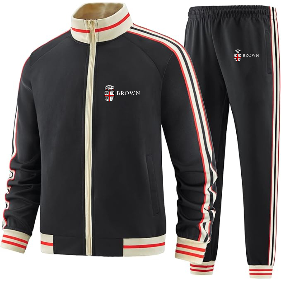 Men's Brown University Two Piece Designer Tracksuit with Bold Striped Accents and Zippered Front Elevated Athletic
