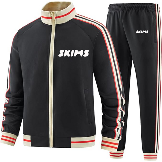 Men's Skims  Two Piece Designer Tracksuit with Bold Striped Accents and Zippered Front Elevated Athletic