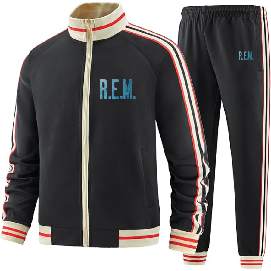 Men's R.E.M. Blue Two Piece Designer Tracksuit with Bold Striped Accents and Zippered Front Elevated Athletic
