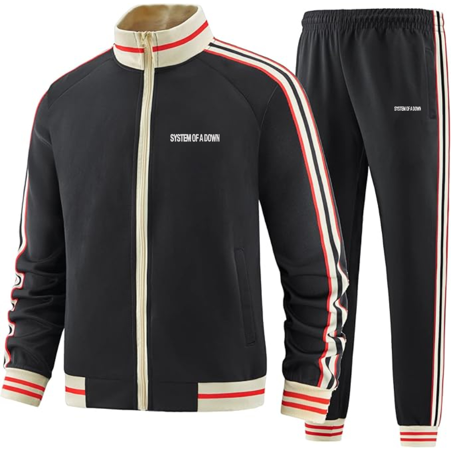 Men's System Of A Down Two Piece Designer Tracksuit with Bold Striped Accents and Zippered Front Elevated Athletic