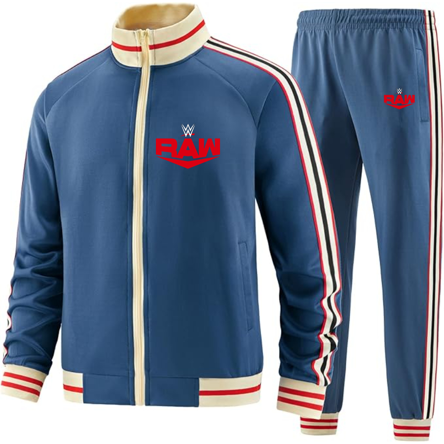 Men's WWE Raw  Two Piece Designer Tracksuit with Bold Striped Accents and Zippered Front Elevated Athletic