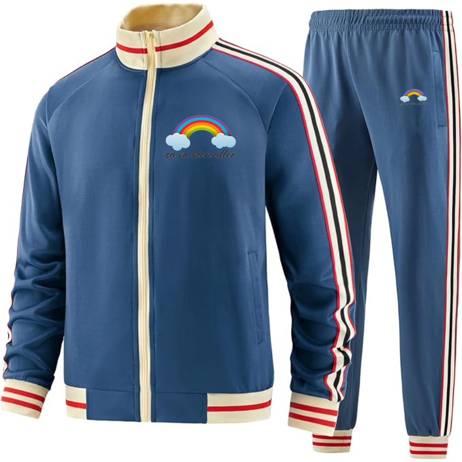 Men's Ça va bien aller Two Piece Designer Tracksuit with Bold Striped Accents and Zippered Front Elevated Athletic