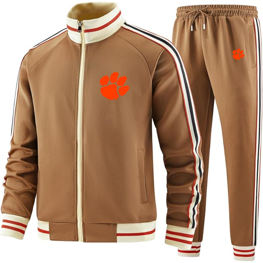 Men's Clemson Tigers Two Piece Designer Tracksuit with Bold Striped Accents and Zippered Front Elevated Athletic