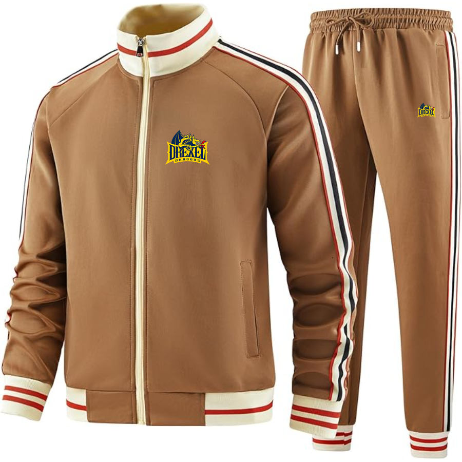 Men's Drexel Dragons   Two Piece Designer Tracksuit with Bold Striped Accents and Zippered Front Elevated Athletic