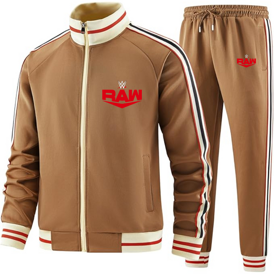 Men's WWE Raw  Two Piece Designer Tracksuit with Bold Striped Accents and Zippered Front Elevated Athletic