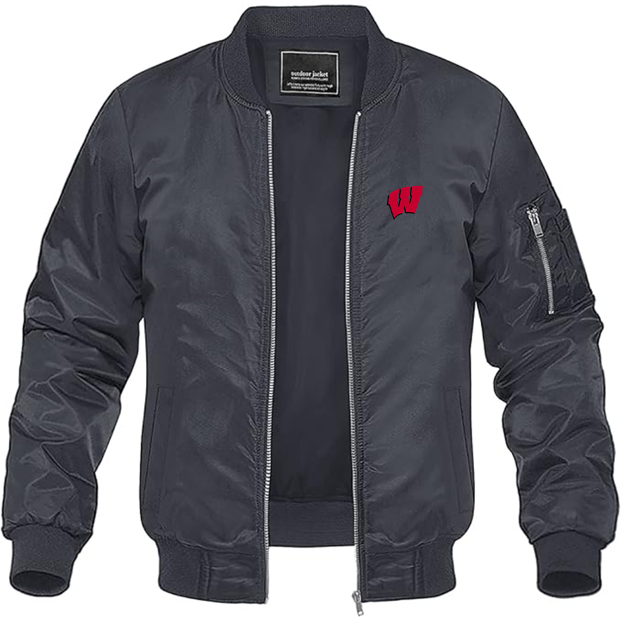 Men's Wisconsin Badgers Logo Lightweight Bomber Jacket Windbreaker Softshell Varsity Jacket Coat