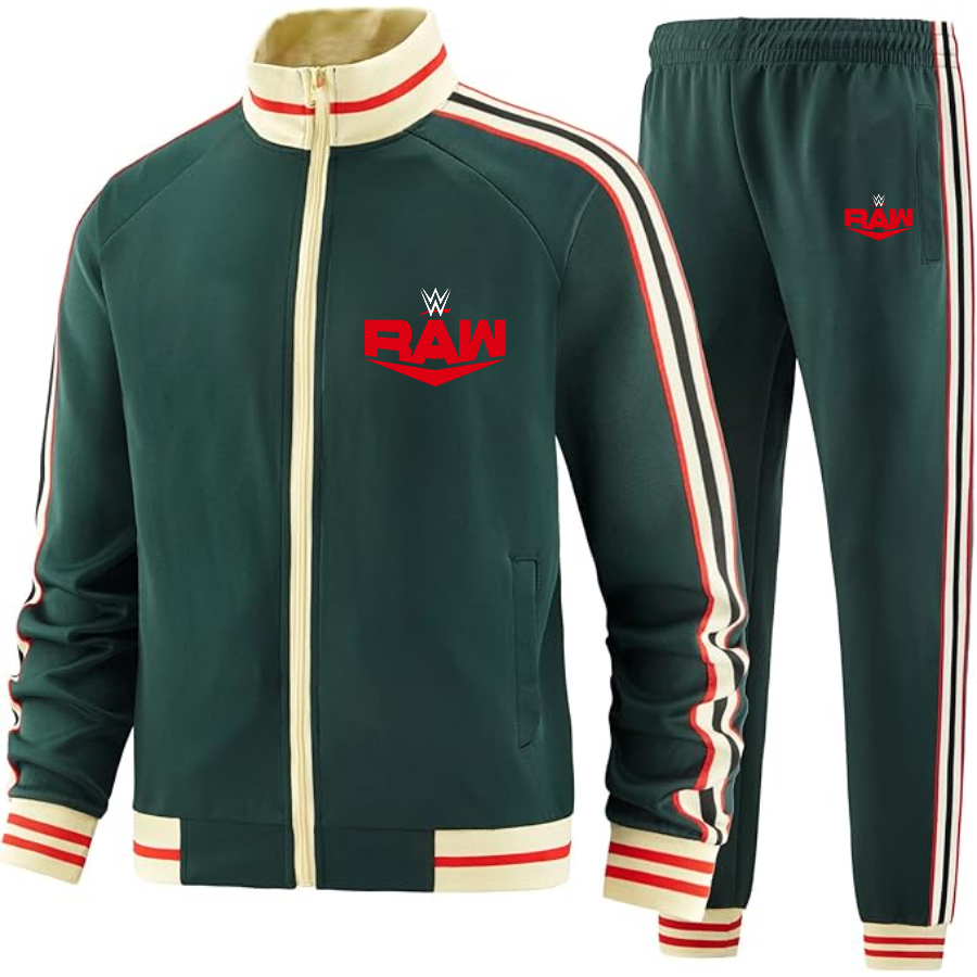 Men's WWE Raw  Two Piece Designer Tracksuit with Bold Striped Accents and Zippered Front Elevated Athletic