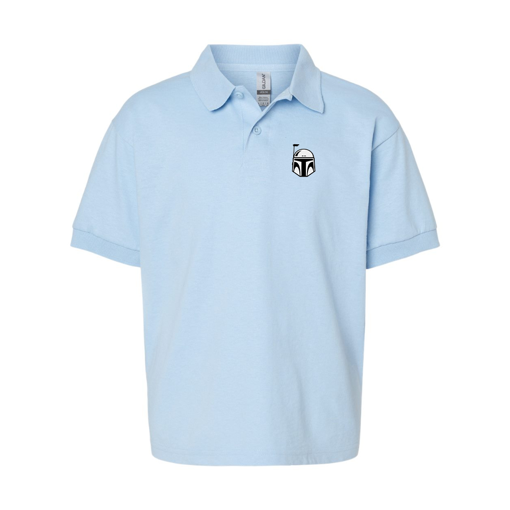 Youth Star Wars Boba Fett Helmet Gildan Dry Blend Jersey Polo