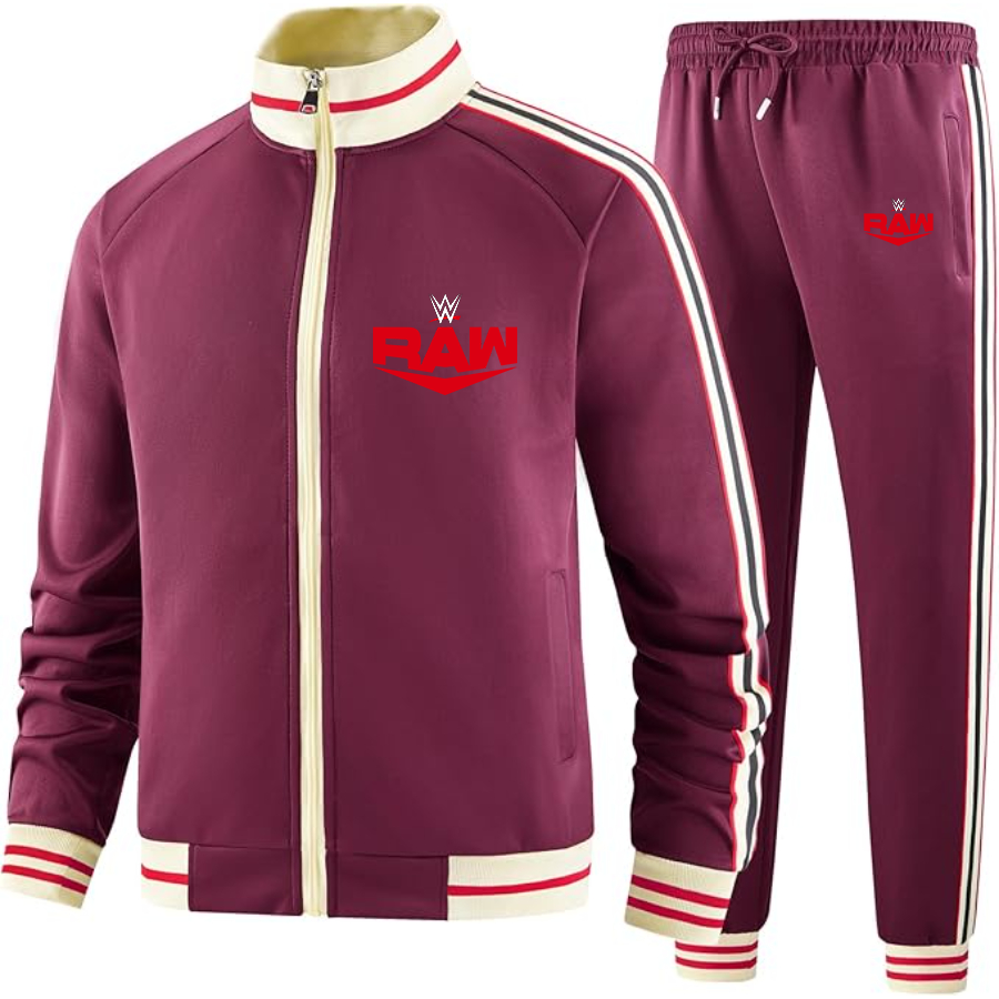 Men's WWE Raw  Two Piece Designer Tracksuit with Bold Striped Accents and Zippered Front Elevated Athletic