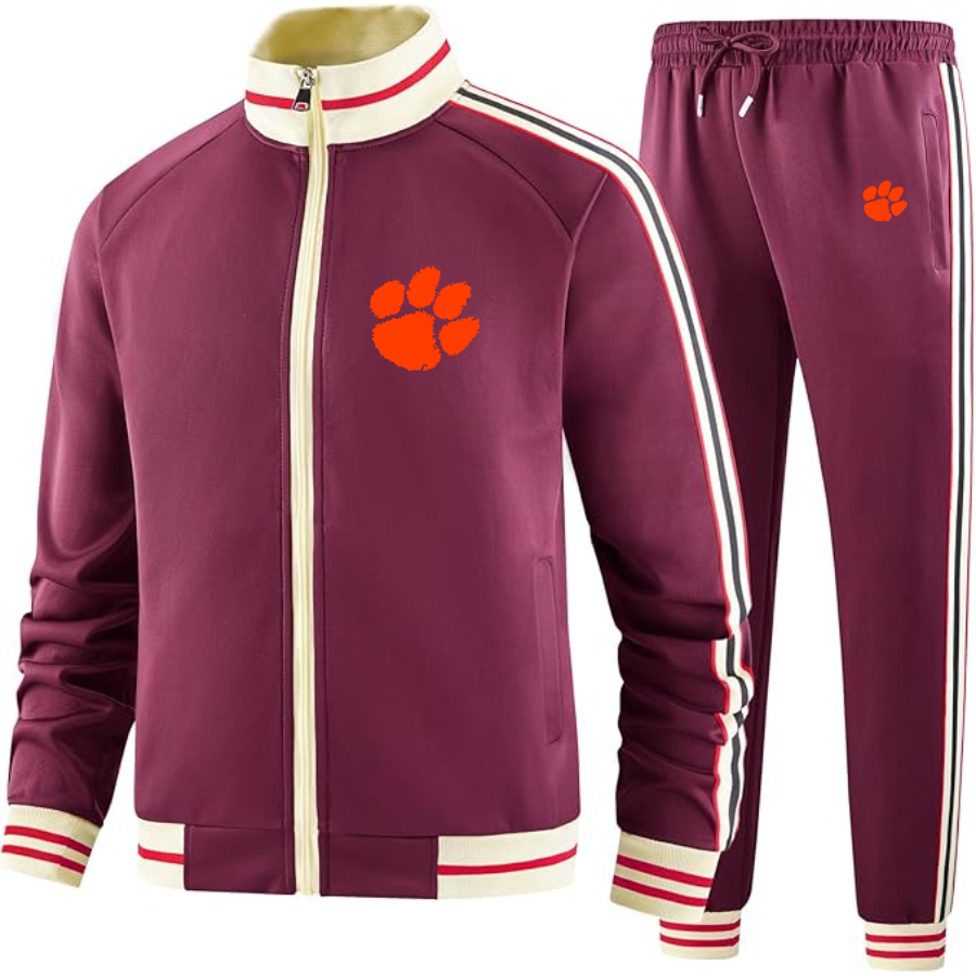 Men's Clemson Tigers Two Piece Designer Tracksuit with Bold Striped Accents and Zippered Front Elevated Athletic