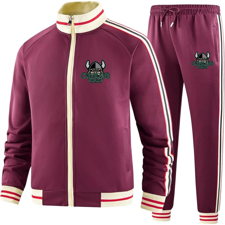 Men's  Cleveland State Vikings   Two Piece Designer Tracksuit with Bold Striped Accents and Zippered Front Elevated Athletic