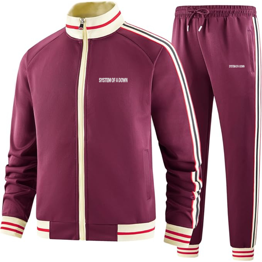Men's System Of A Down Two Piece Designer Tracksuit with Bold Striped Accents and Zippered Front Elevated Athletic