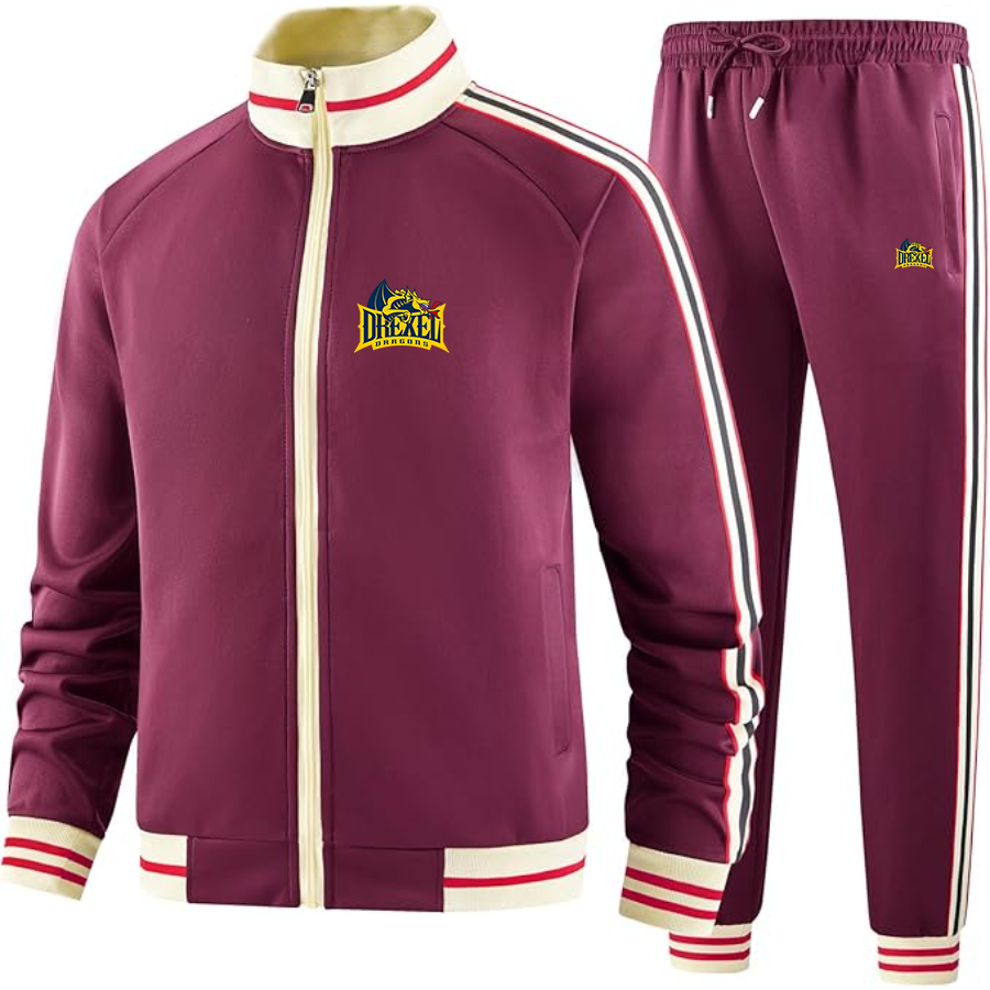 Men's Drexel Dragons   Two Piece Designer Tracksuit with Bold Striped Accents and Zippered Front Elevated Athletic