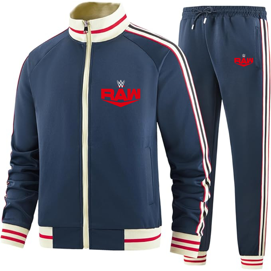 Men's WWE Raw  Two Piece Designer Tracksuit with Bold Striped Accents and Zippered Front Elevated Athletic